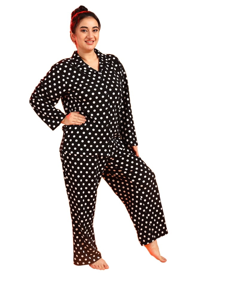 Front of a model wearing a size 4XL Black Polka Night Wear with Trouser in Black by Instafab Plus. | dia_product_style_image_id:297294